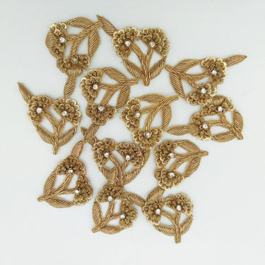 Hand Embroidered Floral Applique Antique Gold With Bullion Wire Zardozi Embroidery Motif, 3 pcs